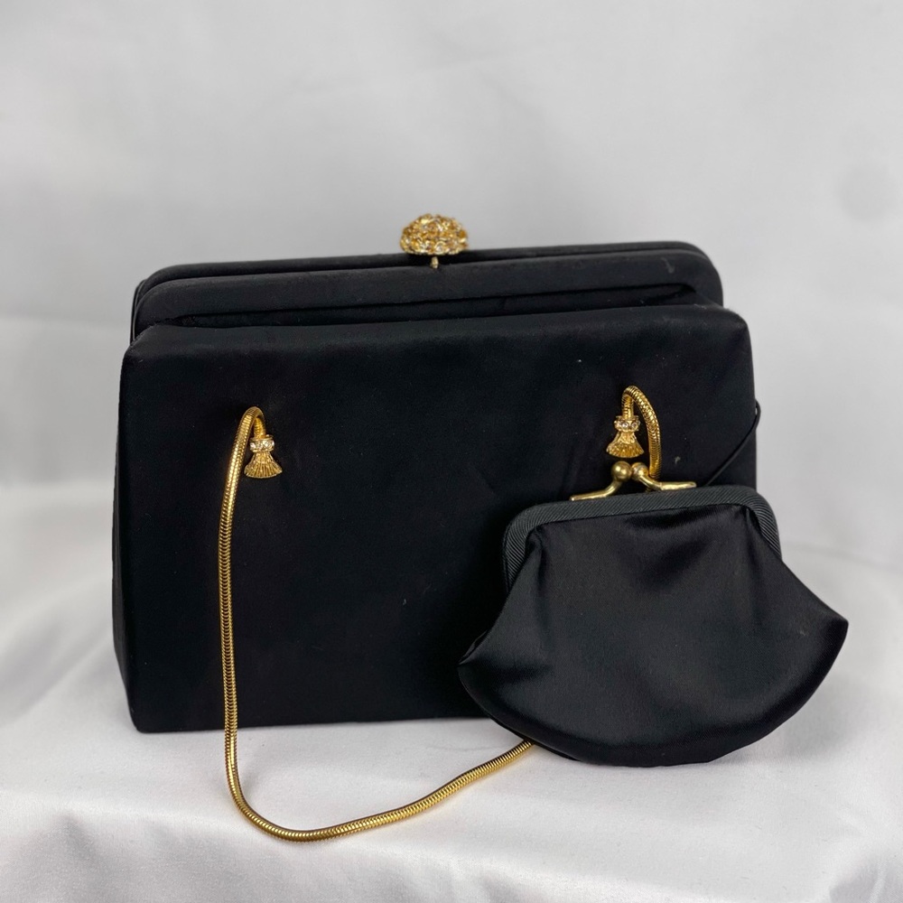 Vintage Harry Levine | Black Satin Box Coin Purse with Gold Chain Handles